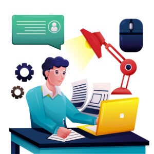Young man working on laptop computer cartoon vector